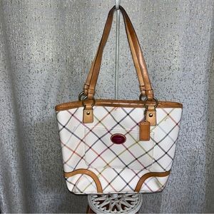 Coach Peyton Tattersall Stripe Tote Shoulder Bag F21863 Cream Multicolor